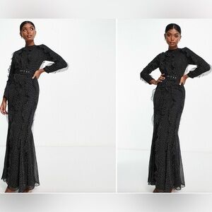 ASOS DESIGN long sleeve ruffle detail maxi dress in black based mono spot